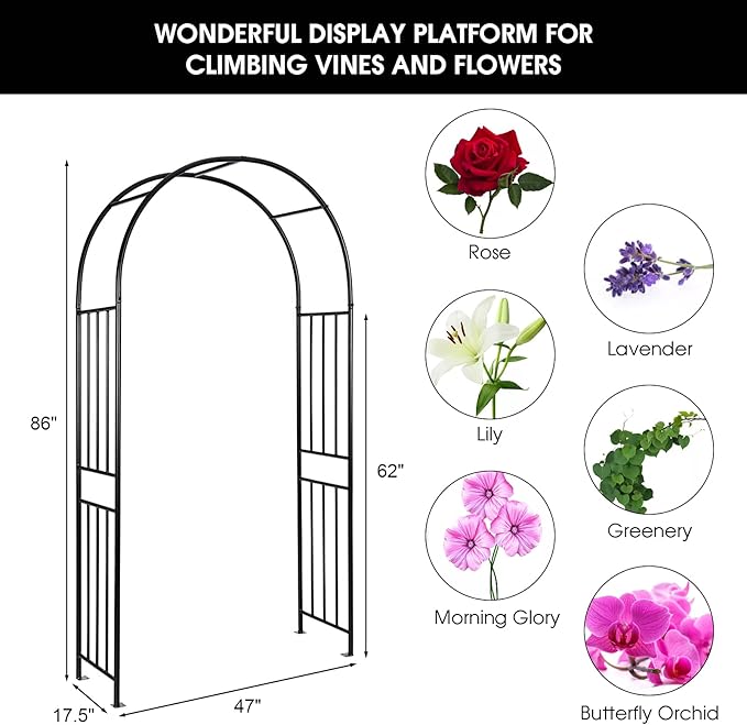 S AFSTAR Metal Garden Arch, 7.2ft/86 Outdoor Arbor for Various Climbing Plant Flower, Arch Trellis for Wedding Garden Bridal Party Festival Decoration, Easy-to-Assemble
