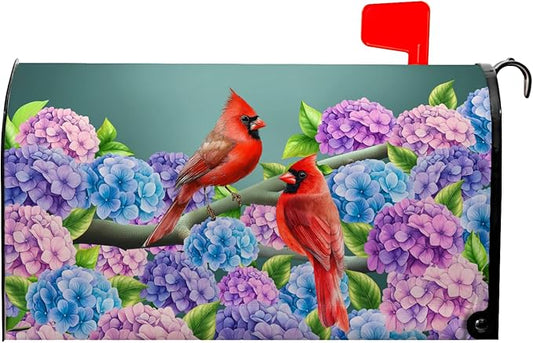 Summer Hydrangea Mailbox Cover Spring Cardinal Bird Mailbox Covers Magnetic Standard Size 21x18 in Blue Purple Floral Post Letter Box Cover Wrap for Home Farmhouse Garden Decor