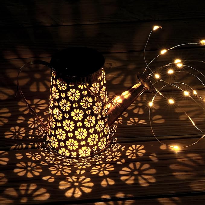Solar Watering Can with Lights, Solar Lights Outdoor Garden Waterproof Metal Watering Can with Cascading Lights, Solar Lantern Decor for Garden Yard Patio, Gardening Present for Women Mom Birthday