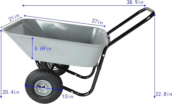 Metal Wheelbarrow, Easy Loading and Dumping Garden Cart with Steel Tray, Durable Heavy Duty Utility Trolley for Transporting, Soil, Sand (Gray, 2 Wheels)