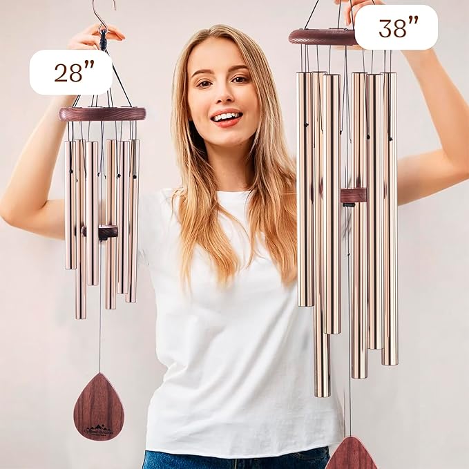 UpBlend XL Wind Chimes for Outside Gift – Deep Tone Wind Chime with Decorative Stone – Porch & Patio Decor, Elegant Outdoor Ornament, Garden Gifts. 38” Bronze.