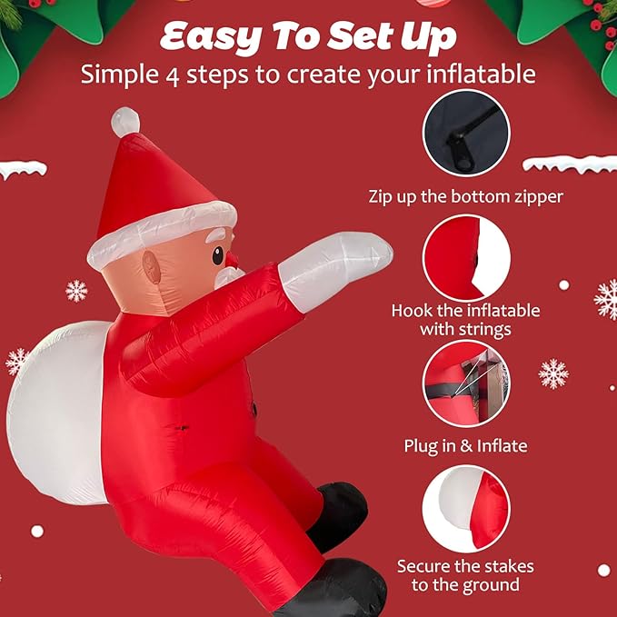 6.6FT Christmas Inflatable Climbing Santa with Build-in LEDs, Hanging Inflatable Christmas Yard Decorations, Climbing Santa Claus with Gift Bag for Window Wall Outdoor Xmas New Year