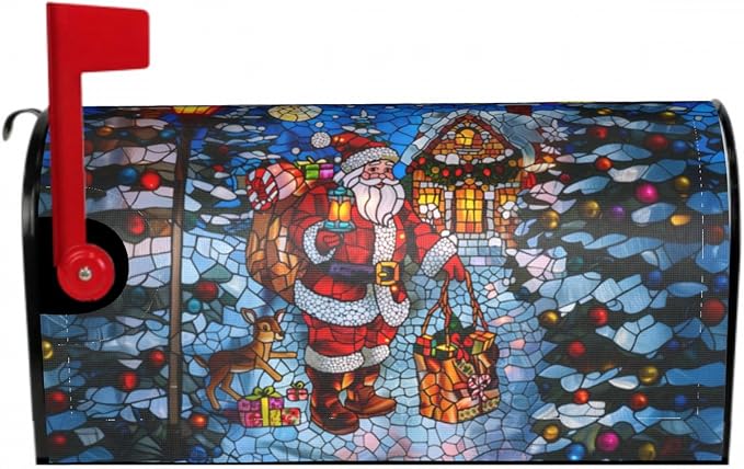 Giwawa Stained Glass Santa Claus Mailbox Cover Magnetic Standard Size 18 x 21 Holiday Mailbox Xmas Decorations Winter Reindeer