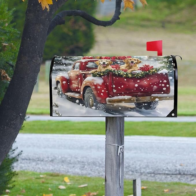 ALAZA Christmas Red Truck Dog Snowflakes Magnetic Mailbox Cover MailWraps Garden Yard Home Decor for Outside Oversized-25.5" x20.8"