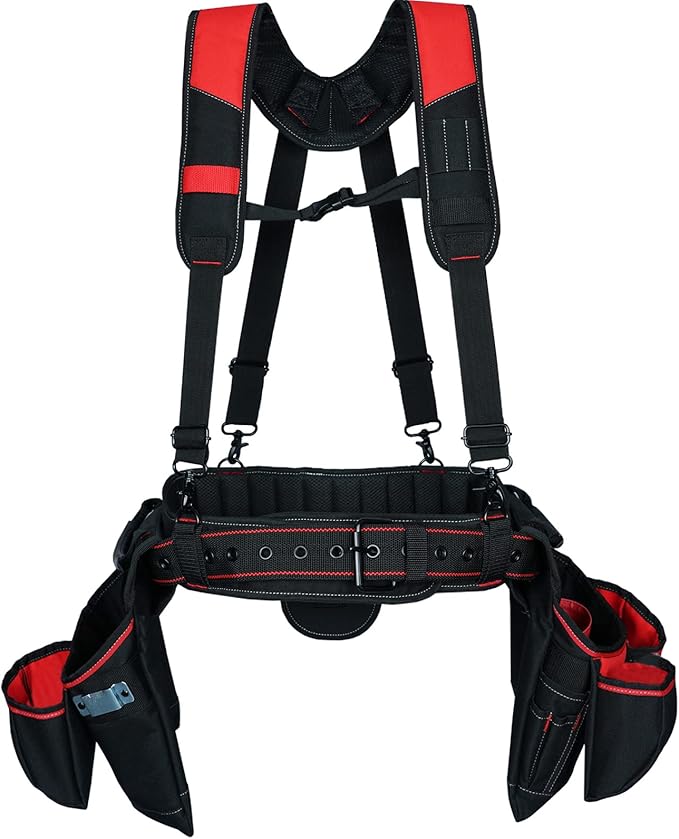 KUNN Tool Belt with Suspenders - Pro Framer Belt/Suspenders Combo Apron(Removable Pouch and Waist Belt) with Multiple Pockets & Hammer Holder for Carpenter,Construction and Electrician,Red