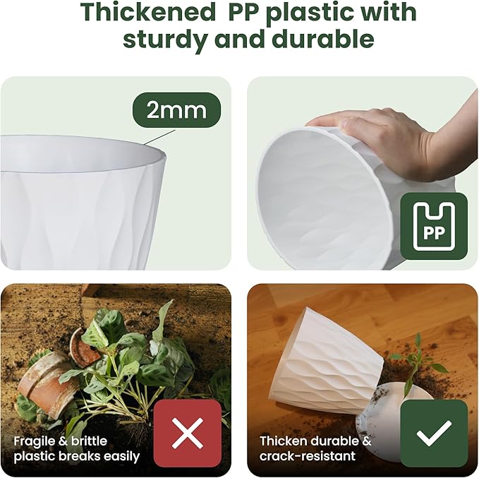 Plastic Plant Pots with Drainage Holes and Saucers, 8/7/6/5/4 Inches Garden Plant Flower Pots for Indoor Planter, 5 Pack Nursery Planting Pot for Indoor & Outdoor House Plants (White, 8/7/6/5/4)