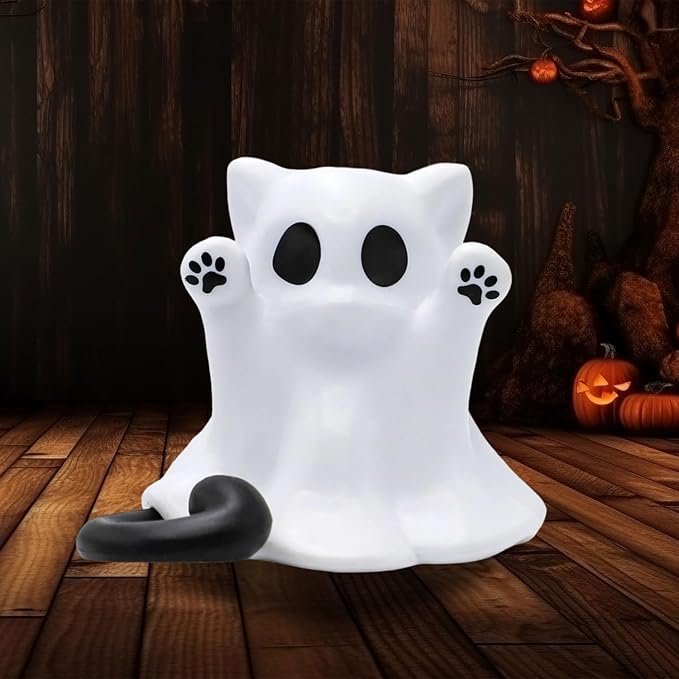 1 Pcs Halloween Ghost Figurine Cute Spooky Unique Cat Design Cartoon Mini Figurines Desk Ornament Decorations Indoor for Halloween Decor Home Table Bedroom Office Desktop Display Ornaments