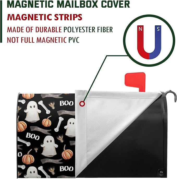 Boo Spooky Mailbox Magnetic Covers Halloween Ghost Mailbox Cover 25.5x21 inch Pumpkin Mail Box Wrap Decorations for Outside Garden Yard Black