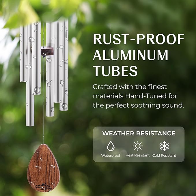 UpBlend Wind Chimes for Outside Gift – Deep Tone Wind Chime with Decorative Stone – Porch & Patio Decor, Elegant Outdoor Ornament, Garden Gifts. 28” Silver.