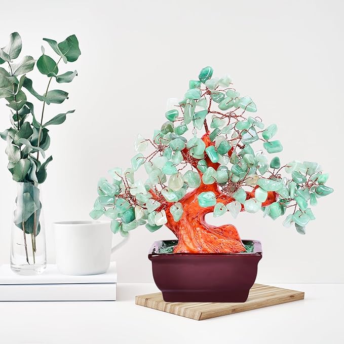 Feng Shui Quartz Crystal Money Tree Bonsai Style Decoration for Luck and Wealth (Green)