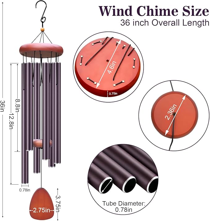 Large Aluminium Wind Chimes Outside, Soothing Melodic Memorial Sympathy Wind Chime, Suitable Outdoor Garden Decor, Gift for Mom Women Neighbors (Brown Wind Chime -36“)