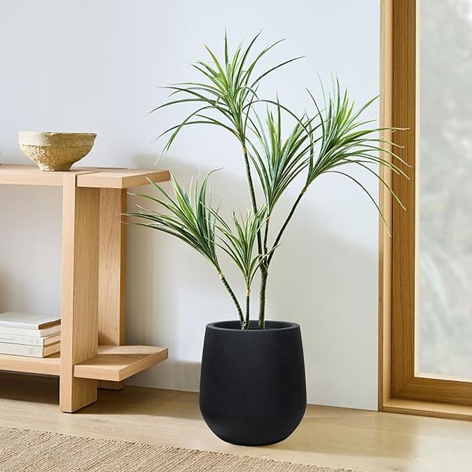 11.8" H Resin Tall Planters for Outdoor Plants, Modern Black Round Tapered Plastic Flower Pot for Outdoor and Indoor Plants, Large Plant Pot with Drainage Holes and Rubber Plug for Home Garden Patio
