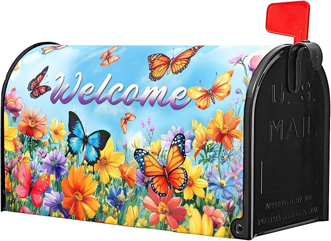 Spring Magnetic Mailbox Cover Yellow Floral Mailbox Cover Magnetic Standard Size 21 X 25.5 Inch Butterfly Flower Welcome Mailbox Post Cover Mailbox Wraps Mailbox Decor for Home Garden Outdoor Yard