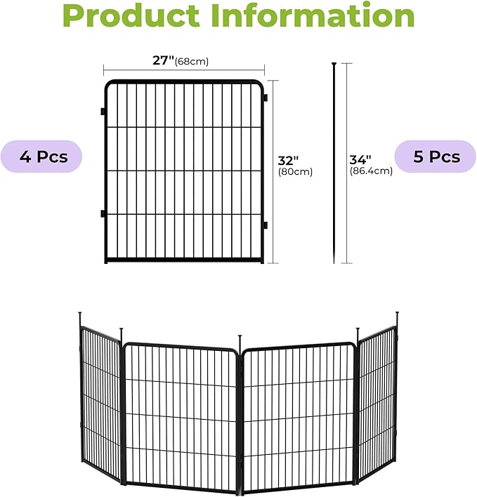 SunsGrove Garden Fence 32 in(H) x 8.9 ft(L) 4 Panels, Heavy Duty Metal Animal Barrier Fence for Dogs, Easy No-Dig Setup, Decorative Dog Fences, Black