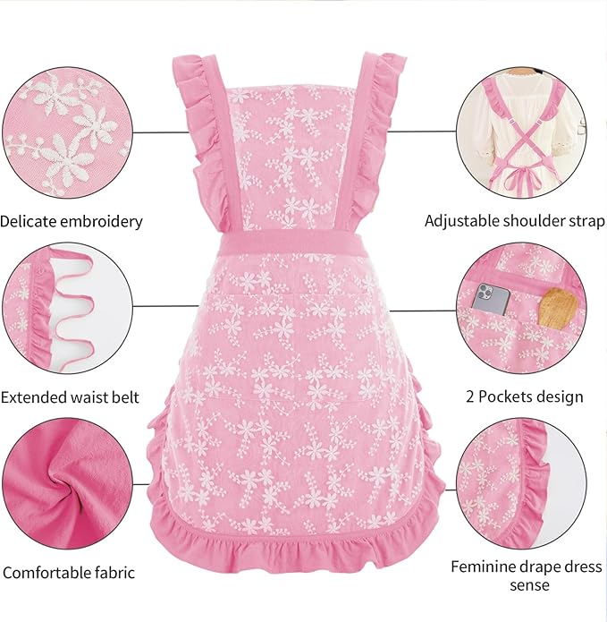 Vintage Pinafore Apron Dress for Women with Pockets Cute Floral Chef Aprons for Kitchen Cooking Baking Gardening