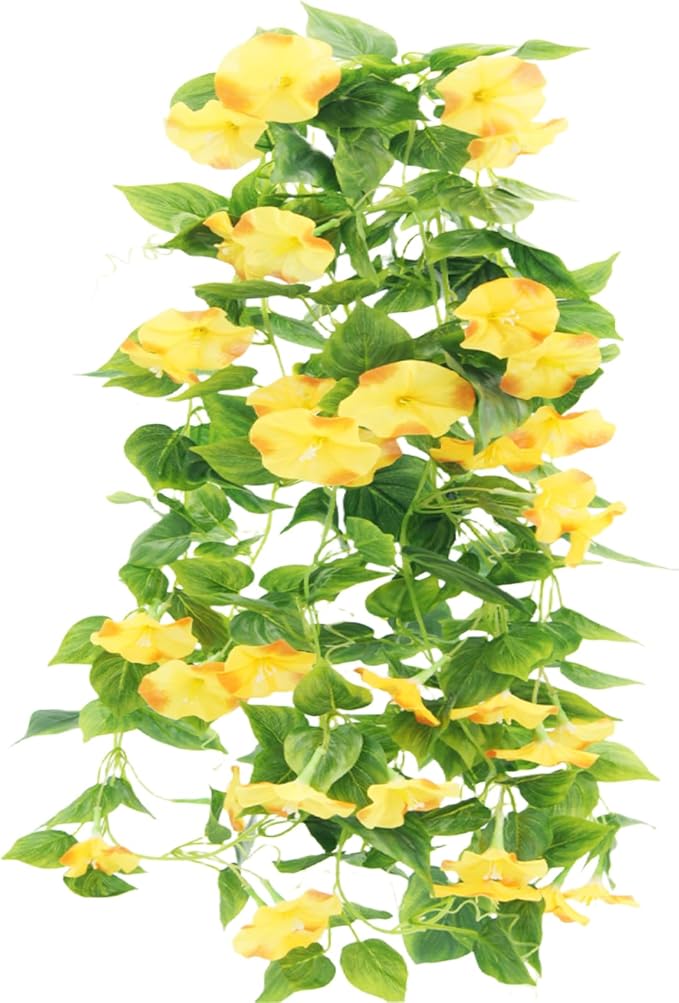 FERIAL Artificial Vines 15Feet Silk Flower Garland for Outdoors Yellow Morning Glory Vine Artificial Flowers Hanging Plants Garland Fake Green Plant 2Pcs for Wall Fence Indoor Wedding Banquet Decor