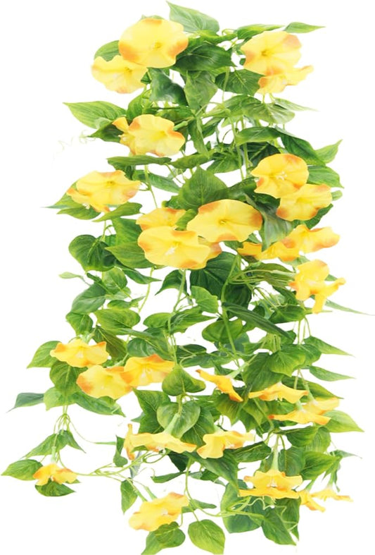 FERIAL Artificial Vines 15Feet Silk Flower Garland for Outdoors Yellow Morning Glory Vine Artificial Flowers Hanging Plants Garland Fake Green Plant 2Pcs for Wall Fence Indoor Wedding Banquet Decor