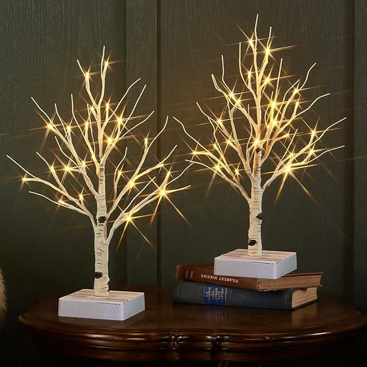 Fudios Lighted Birch Tree with Timer Battery Operated 18in Home Decor Tabletop, Pre lit Artificial Birch Trees with 24 LED for Wedding Christmas Party 2 Sets