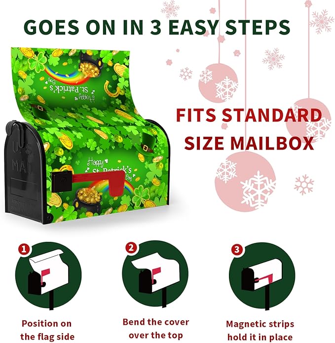 St Patrick Mailbox Covers Green Shamrocks Rainbow Gold Coin Magnetic Mailbox Post Cover Four Leaf Clover Hat Mailbox Wraps Decor Happy St.Patrick's Day Waterproof Standard Size 21X18 inch