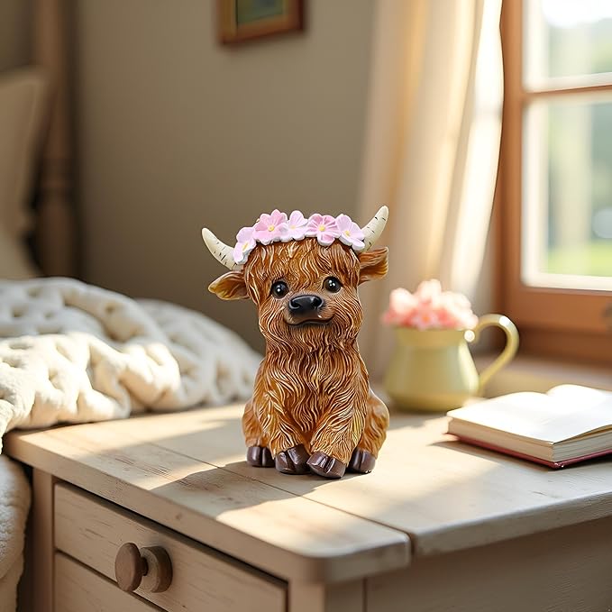 Highland Cows Themed Gifts for Women,Cute and Cozy Resin Yak Figurine with Floral Crown - Perfect Rustic Home Decor Accent
