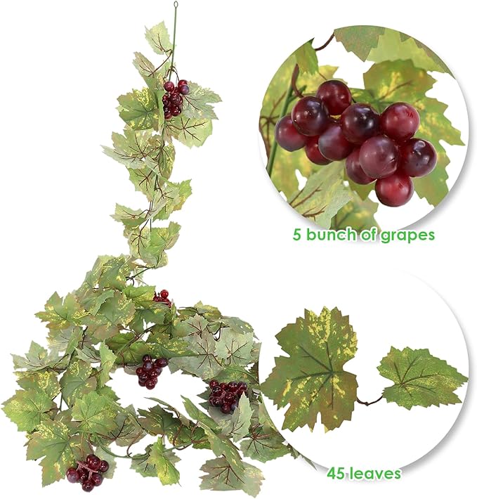 Artificial Grape Vine Leaf Garland Plant with 5 Strings Grapes, 6.5ft Artificial Fake Grape Vines Fake Greenery for Wedding Party Home Indoor Outdoors Decoration