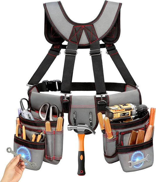 Tool Belt With Suspenders, Heavy Duty Magnetic Tool Belts for Men with 18 Pockets, Tool Belt with Adjustable 32 to 66 Inches Detachable Waist for Electricians, Carpenters, Framers, Grey