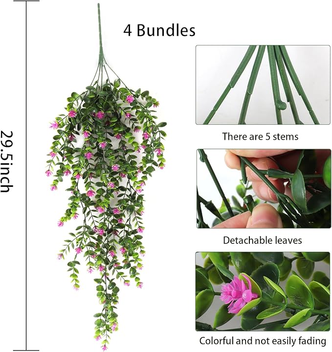 RECUTMS 4Pcs Fake Eucalyptus Leaves with Flowers Plastic Ivy Greenery Leaf Artificial Hanging Plants for Home Garden Wall Bedroom Office Wedding Decor Fuchsia