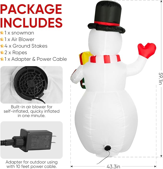 5FT Christmas Inflatables Snowman with Gift Box & Rotating Lights, Build-in LED Lights Blow up Xmas Inflatables Decoration for Yard Garden Lawn (Snowman)
