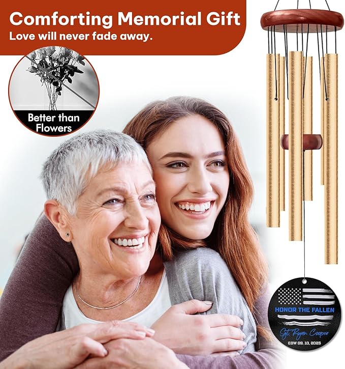 Personalized Police Memorial Wind Chime – “Honor The Fallen” Custom Flag Windchime – Engraved Name, Rank & Date – Sympathy Gift for Law Enforcement Families – Memorial Windchimes for Fallen Officers