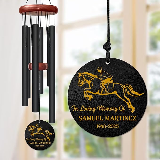 Personalized Horse Rider Memorial Wind Chime – “in Loving Memory” Custom Engraved Name & Years – Equestrian Sympathy Gift for Horse Lovers – Outdoor Memorial Windchime for Loss of Loved One