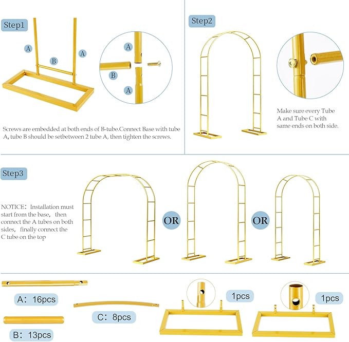 Arch Backdrop Stand,6.6FTx3.5FT Metal Pergola Arbors,Gold Garden Wide Arbors and Arches Trellis for Climbing Plants Outdoor,Assemble Freely 3 Sizes for Party or Garden Decoration