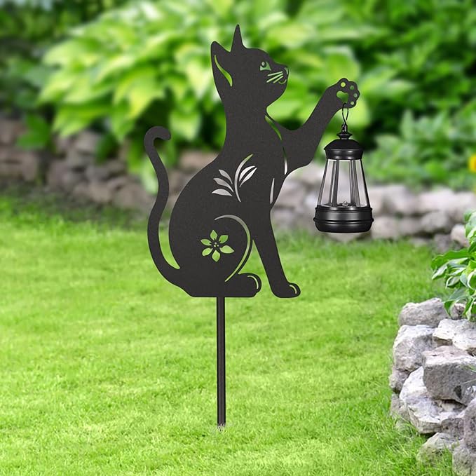 2Pack Solar Outdoor Garden Lights Stakes Solar Metal Cat Lawn Deco Statue Black Cat Patio Garden Decorative Stakes with Solar Lantern Christmas Birthday Gifts for Women Mom and Grandma