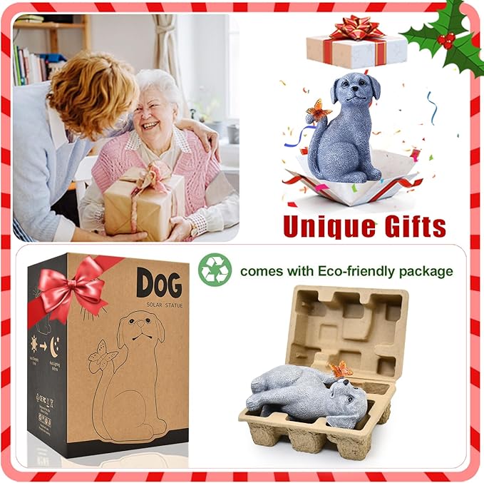 Nacome Solar Dog Outdoor Statues for Garden: Outside Decor with Butterfly Clearance for Yard Art Lawn Ornaments Patio Balcony Home House for Grandma Mom Women