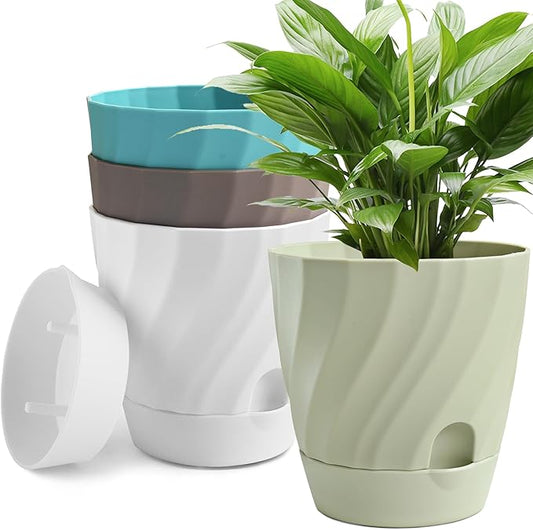 Plant Pots with Drainage, Self Watering Pots for Indoor Plants, Home Decor Flower Planters, 4 Pack 6 Inch Plastic Planters Succulent Pots, Mix Color