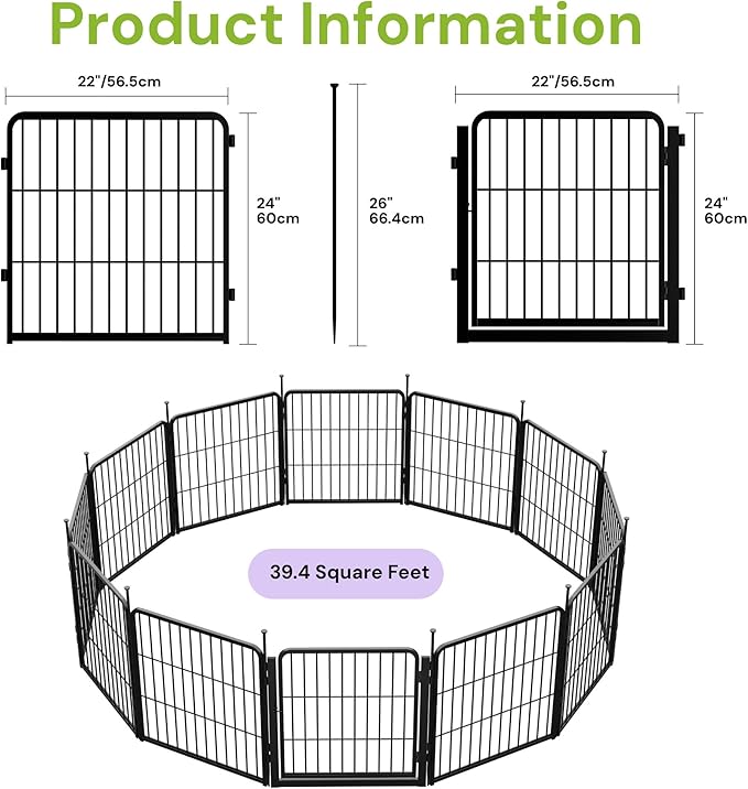 SunsGrove Garden Fence with Gate, 24 in(H) x 22.2 ft(L) 12 Panels Heavy Duty Metal Animal Barrier Fence for Yard, Suitable for Indoor or Outdoor Dog Pet Fence, Garden Fence Border, Black
