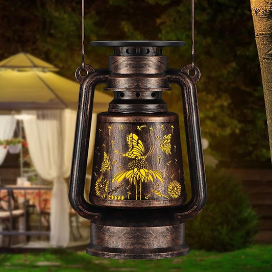 Solar Lantern Outdoor Hanging Vintage LED Waterproof Camping Light with Beautiful Graphics Landscape Decor for Yard,Patio,Porch,Lawn,Tabletop(Butterfly)