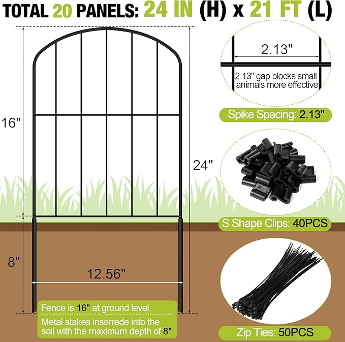 Decorative Garden Fence 24in (H) x 21ft (L), 20 Panels No Dig Garden Fencing Animal Barrier for Dogs Rabbits Arched Flower Bed Edging, Metal Wire Border Panel for Outdoor Patio Yard Decor
