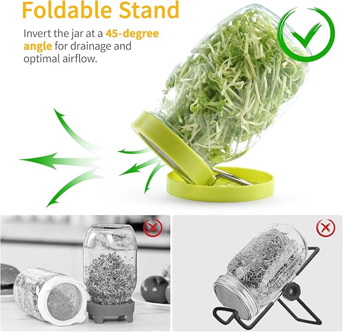 2 Set Seed Sprouter Kit for Wide Mouth Jars - Germination Tray with 316 Stainless Steel Mesh, BPA Free Plastic Drip Tray & Tilted Lid for Bean Sprouts, Broccoli, Alfalfa, Microgreens