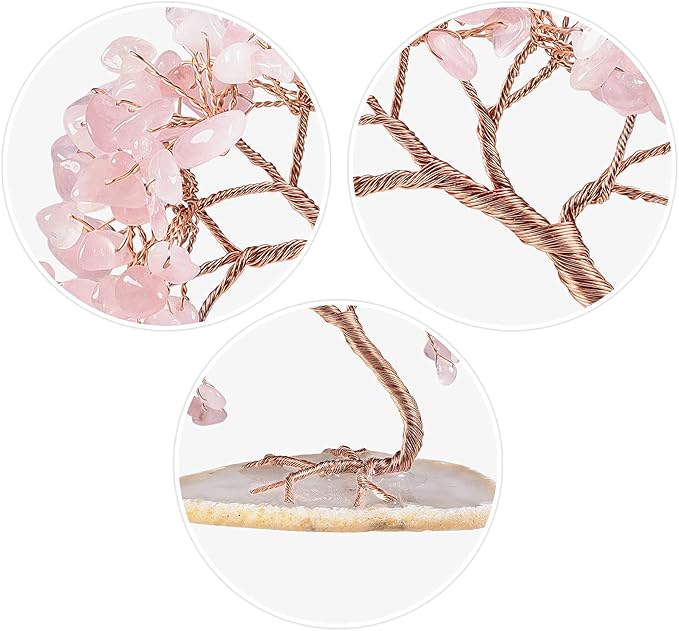 mookaitedecor Natural Rose Quartz Crystal Money Tree Agate Slice Base Feng Shui Bonsai Crystal Tree for Wealth Luck Desk Decor, 3-4 Inch High