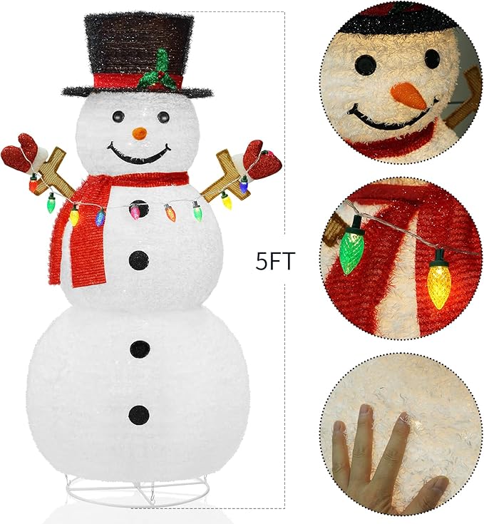 5ft Lighted Pop-Up Snowman, Large Outdoor Christmas Snowman Decoration with 200 LED Lights, Hat, Scarf, Multicolored Lights, for Christmas Yard and Outdoor Display (Batteries Not Included)