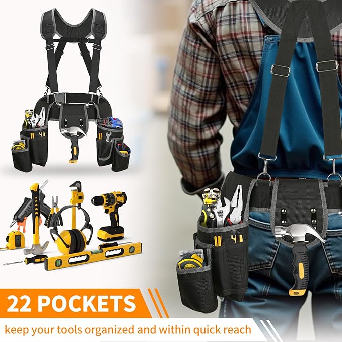 Tool Belt with Suspenders, Professional Tool Belt for Men, 18-Pocket Adjustable Heavy Duty Tool Organizer for Electrician, Carpenter, Framer, Construction Worker, Black & Blue (32''–66'')