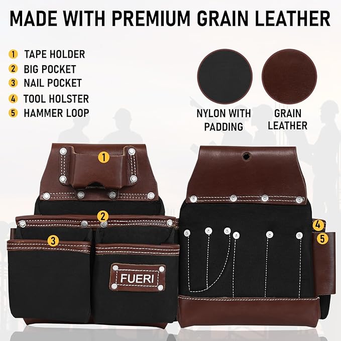 FUERI Tool Belt Men Heavy Duty Nylon Leather Tools Belts Carpenter Bags Electrician Pouches Organizer for Construction Framing (Black & Brown, 30 to 52 Inches Waist)