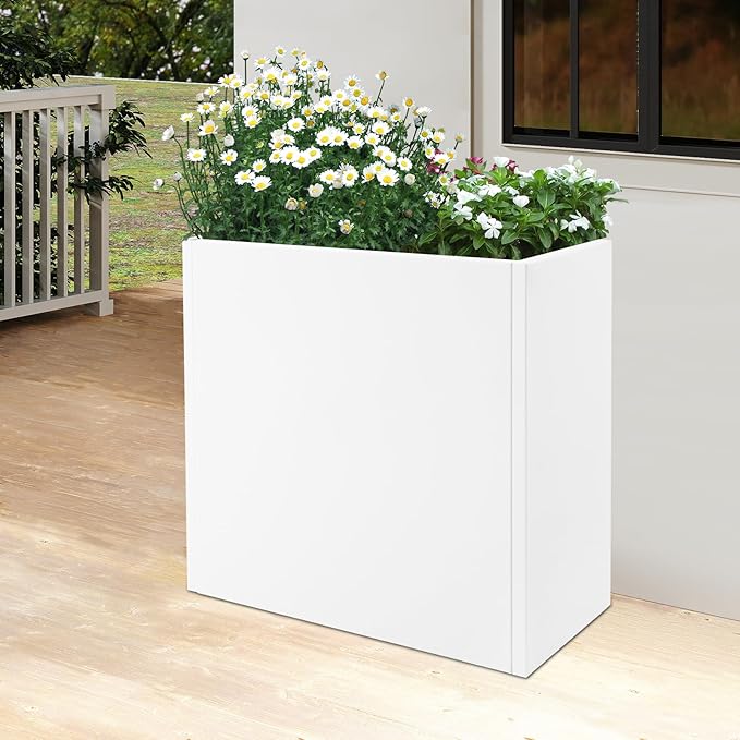 Metal Planter Box, Tall Rectangular Raised Garden Bed with Removable Shelf and Drainage Holes, Modern Steel Garden Planter, Flower Planter Boxes for Patio, Yard & Porch, Outdoor (White, 28*12*28in)