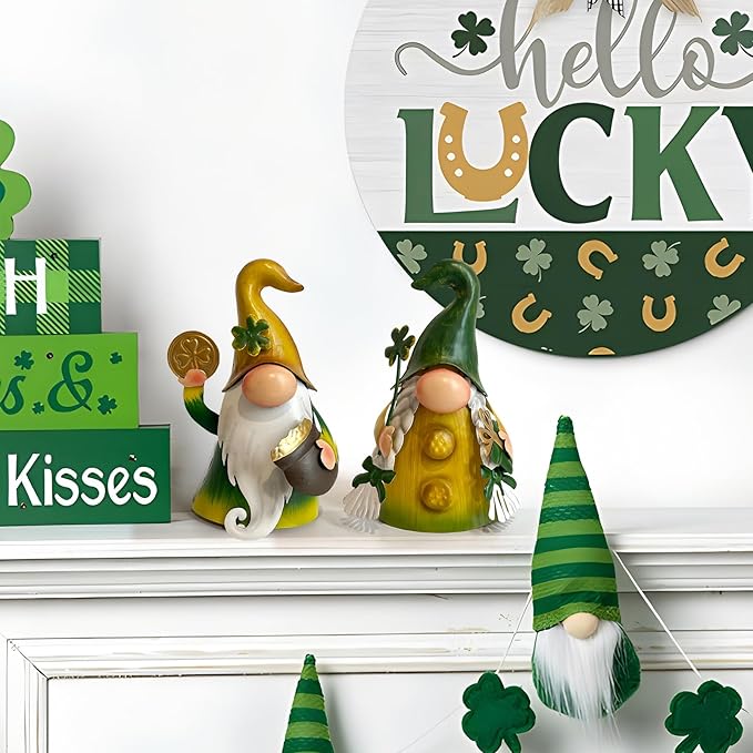 HONGLAND Fall Decor - Fall Decorations for Garden, Metal Gnomes Figurine Yard Art, Luck Shamrock Gnome for Home Outside Lawn Party Yard Patio