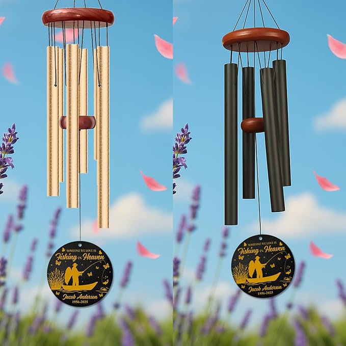 Personalized Gone Fishing Memorial Wind Chime – “Fishing in Heaven” Fisherman Wind Chimes– Custom Name & Dates – Outdoor Sympathy Gift for Men, Dad, or Grandpa – Memorial Garden Decor for Loss
