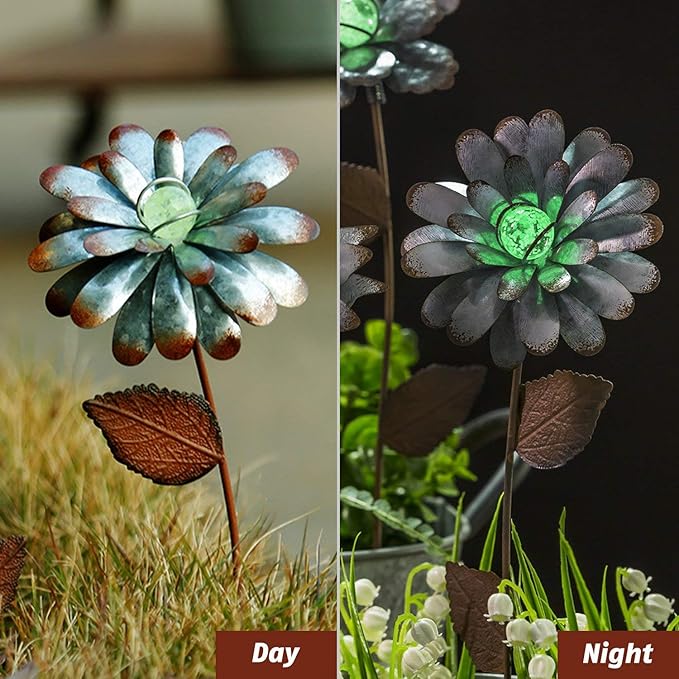 3 PCS Flower Stake Galvanized Metal Decoration for Garden & Outdoor, 13.8" H Glass Globe Glow in Dark Plant Pick Ornament Water-Proof Garden Art for Lawn & Patio