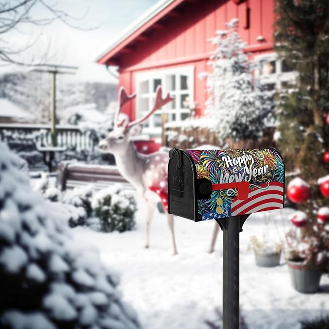Happy New Year Mailbox Cover New Year Eve Magnetic Mailbox Covers Large Size American Flag Fireworks Balloon Post Letter Box Wrap for Holiday Celebration Party Outdoor Oversized 25.5 X 21 Inch