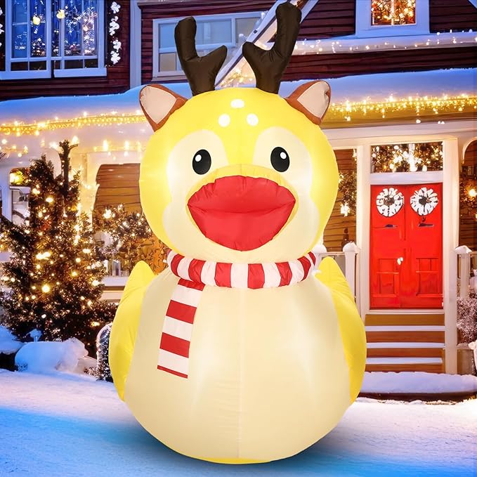 Leyndo 5ft Christmas Inflatables Decoration Outdoor Inflatables Duck with Build-in LEDs Lights Giant Blow up Duck Wear Christmas Reindeer Costume for Mall Garden Patio Lawn Indoor Party