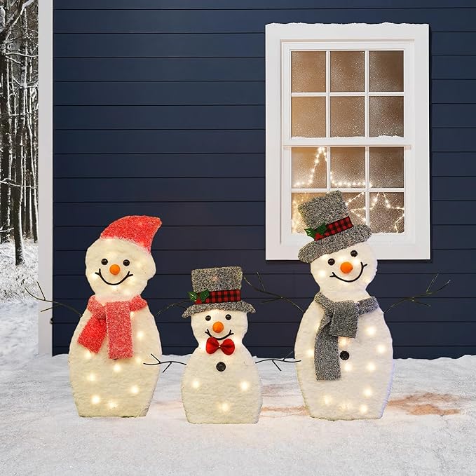 Dazzle Bright Snowman Christmas Decorations, 3-Piece Light Up 2D Snowman Family, 60 L Snowman Waterproof for Indoor or Outdoor Garden Yard Lawn Holiday Party Decor (Plush)