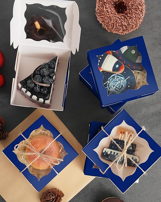 qiqee Deep Blue Bakery Box with Window 4x4x2.5 inch 30Packs Macaron Boxes Small Donut Pastry Boxes for Party Mini Cookie Boxes